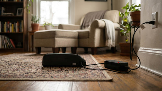 E-bike battery charging indoors in a small apartment