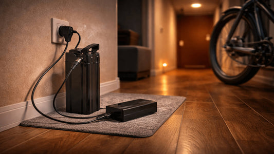 E-bike battery charging indoors in an apartment, showing a realistic everyday charging setup with hidden safety risks