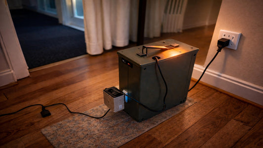 A realistic depiction of an e-bike battery charging inside an apartment, featuring a typical everyday setup that conceals underlying safety hazards.