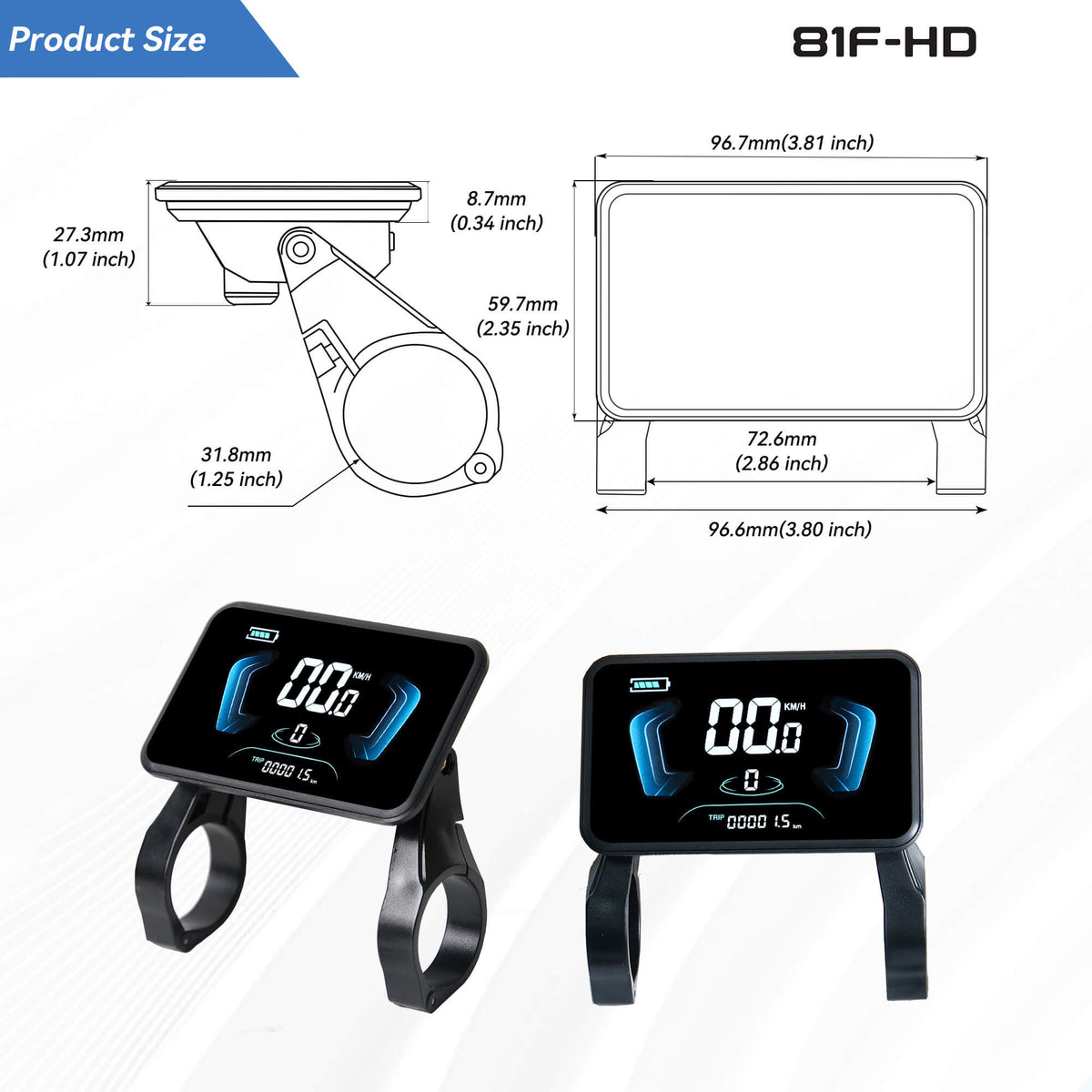 Yolin YL-81F-HD e-bike display dimensions and installation measurements